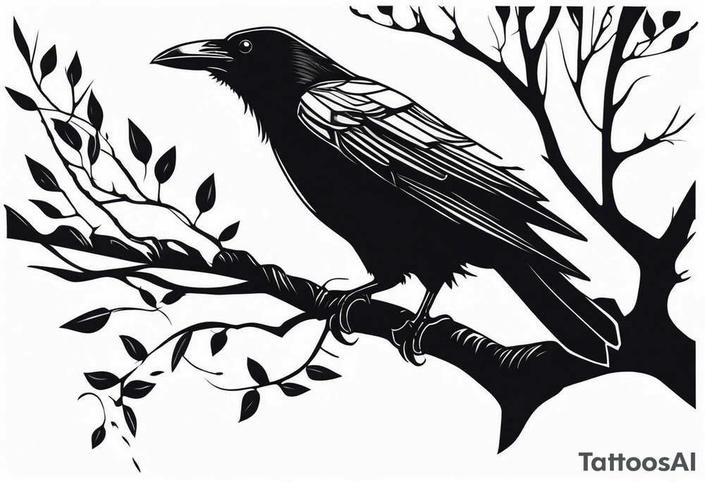 a black raven hanging on a tree branch tattoo idea