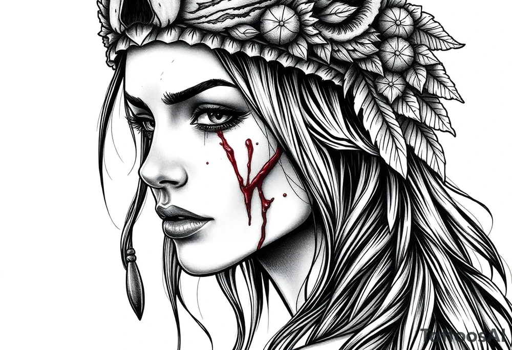 Beautiful Womans shedding a tear, with battle scars and blood on face, wearing a mean looking bear headdress on head tattoo idea