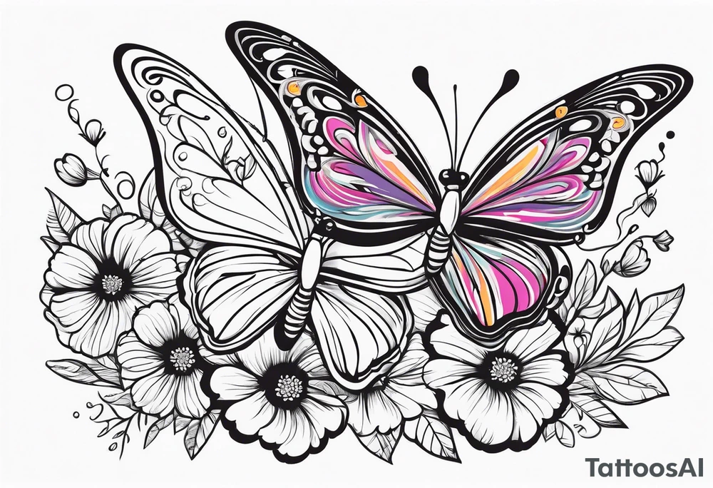 Butterflies flying around trail of flowers tattoo idea