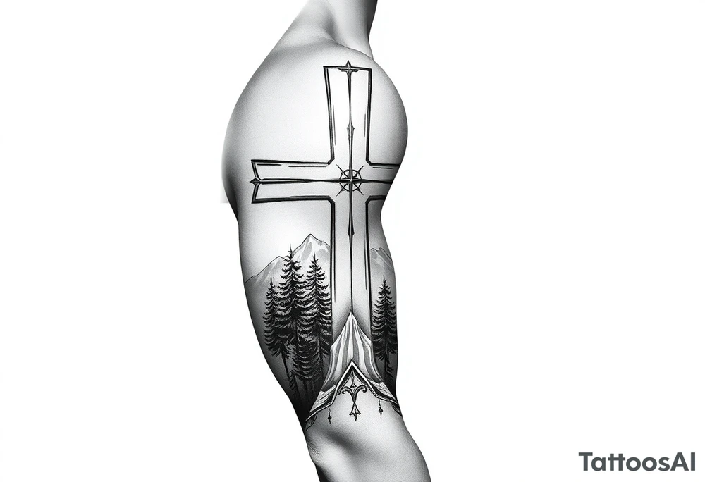russian christian orthodox cross with the diagonal line at the bottom with a light forrest with a light mountainous setting tattoo idea