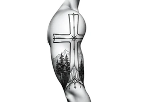 russian christian orthodox cross with the diagonal line at the bottom with a light forrest with a light mountainous setting tattoo idea