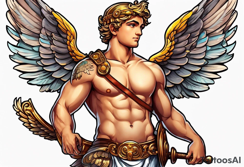 Cupido  fly boy with wings, background sea, ancient rome gods tattoo idea