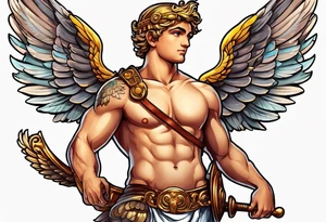 Cupido  fly boy with wings, background sea, ancient rome gods tattoo idea