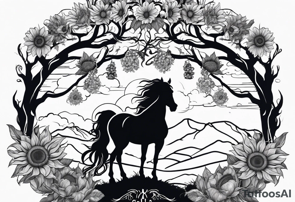 Yggdrasil tree, horse in front of it, and sunflowers tattoo idea
