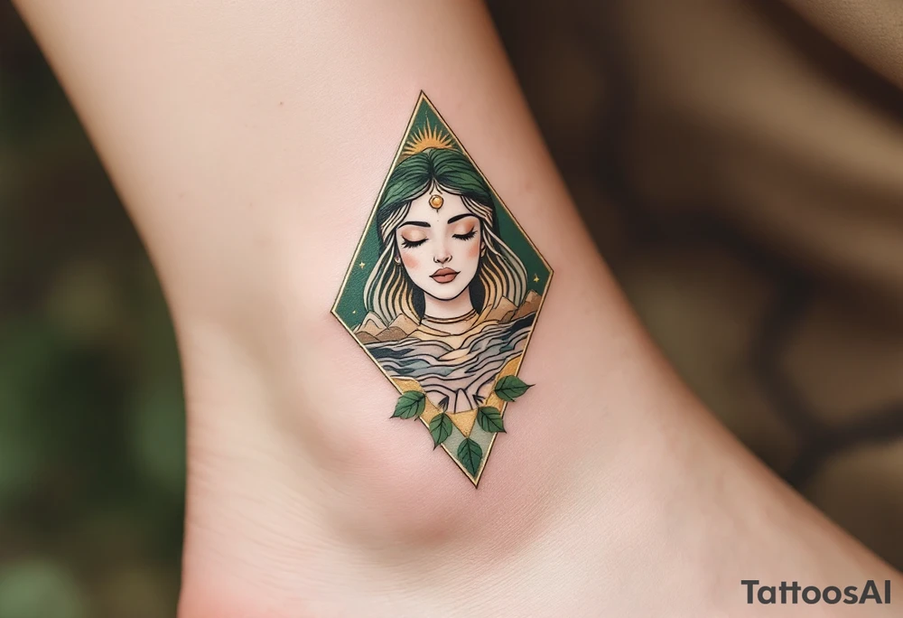 A modern geometric Virgo godess, featuring earth elements like mountains, leaves, and flowing water. The tattoo is crafted in olive green, warm beige, and gold accents, emphasizing Virgo’s deep-rooted connection to nature and wisdom. tattoo idea