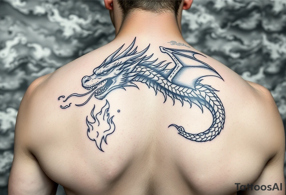 fierce dragon breathing iridescent fire against stormy skies tattoo idea
