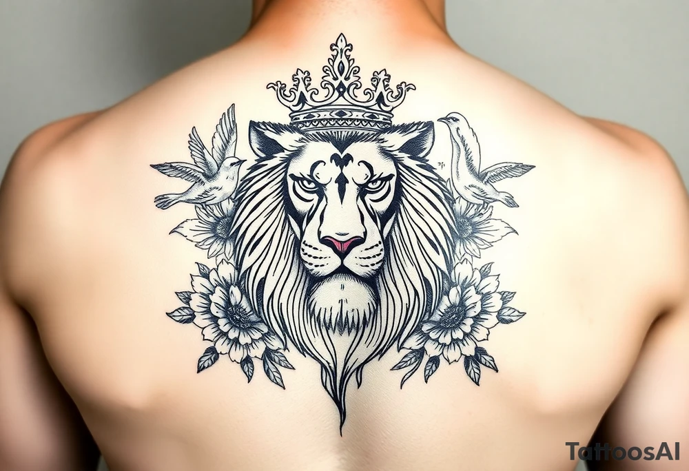 powerful majestic lion with a crown, surrounded by floral ornaments and birds tattoo idea