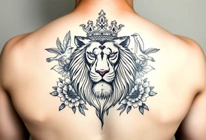 powerful majestic lion with a crown, surrounded by floral ornaments and birds tattoo idea