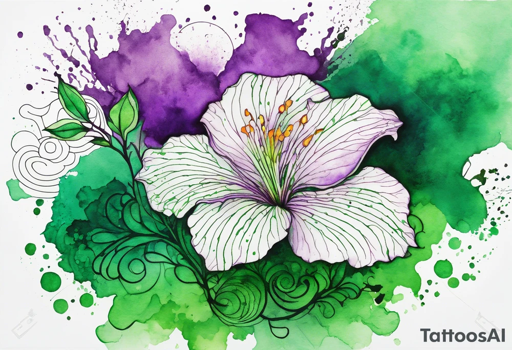 A mystical outline of a green rio dipladenia flower and a green/purple watercolor splatter in the background tattoo idea
