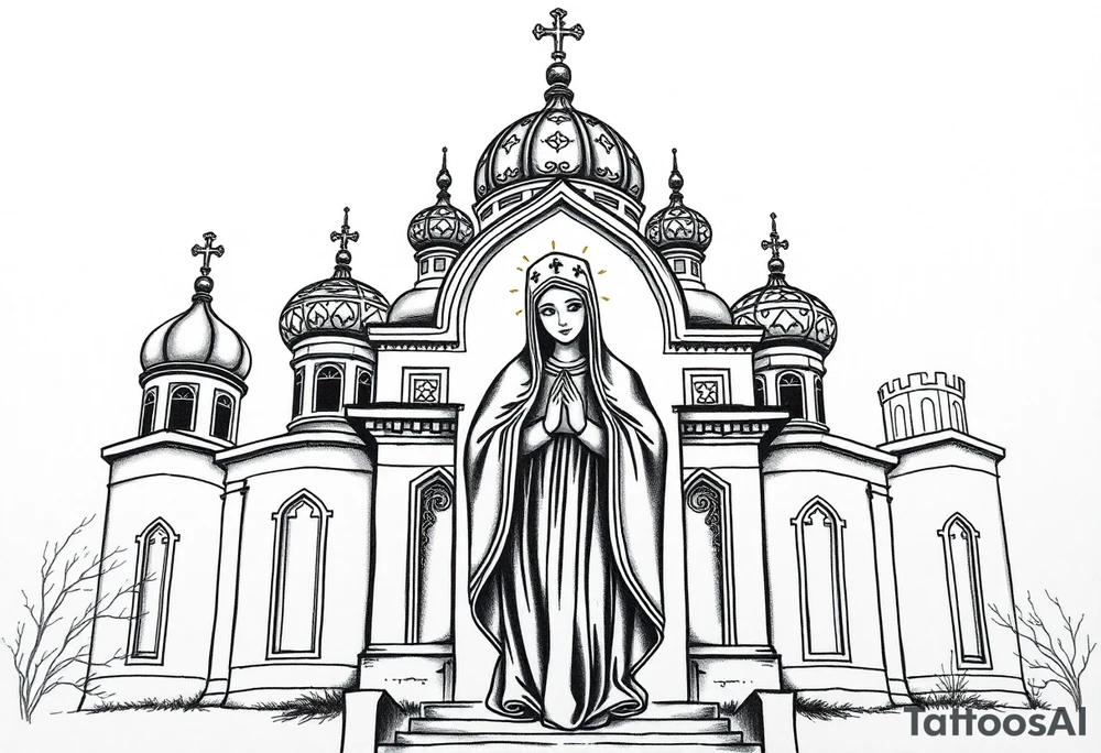 Russian orthodox church with bulb domes with a prominent russian orthodox style virgin mary stood outside with hands together tattoo idea