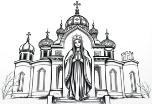 Russian orthodox church with bulb domes with a prominent russian orthodox style virgin mary stood outside with hands together tattoo idea