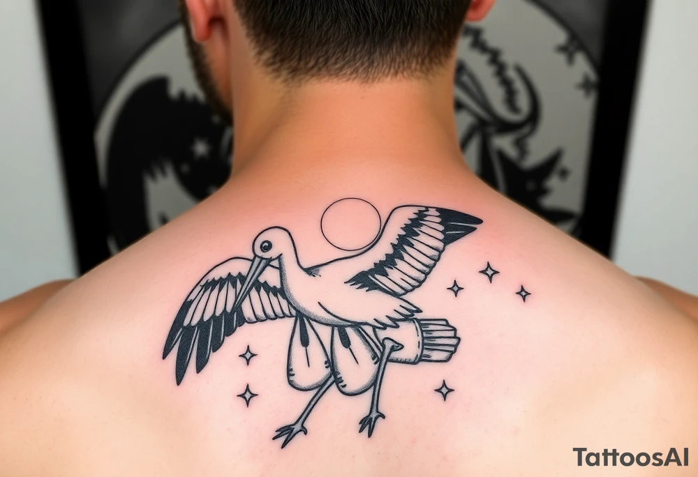 Stork carry bundle towards moon, stars tattoo idea