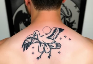 Stork carry bundle towards moon, stars tattoo idea