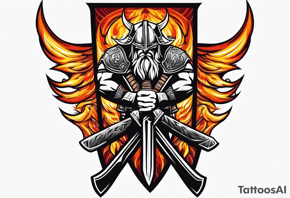 valhalla on fire sword shield axe warrior tattoo idea