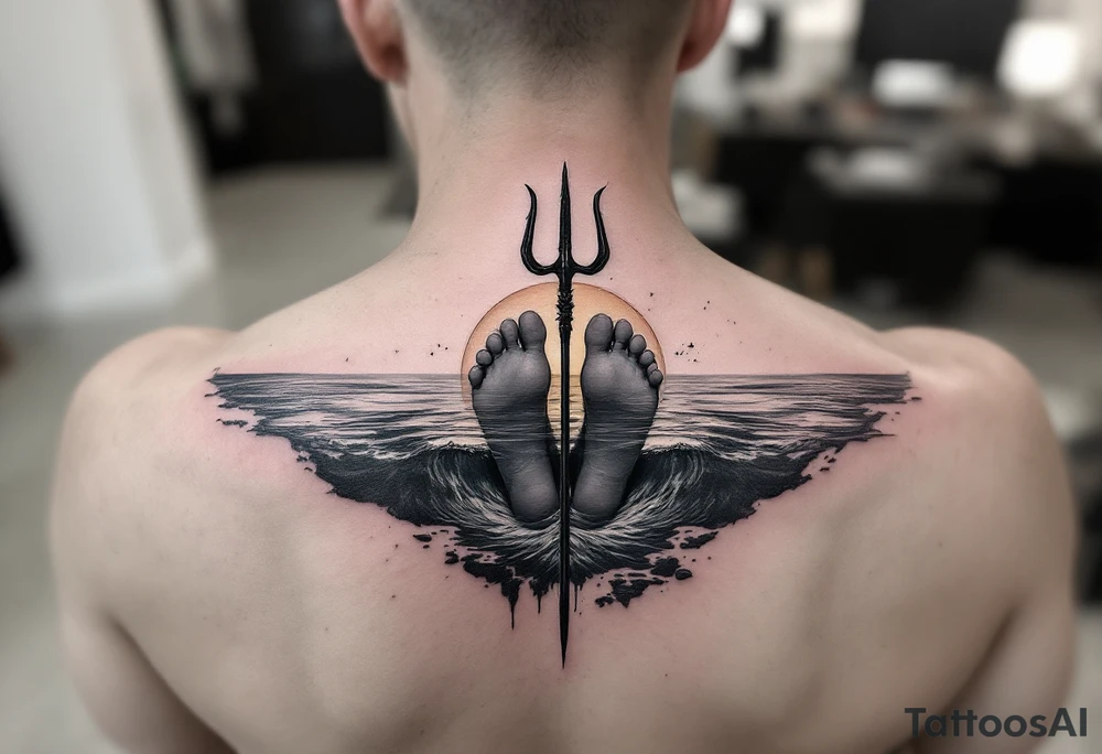 barefeet behind trident half way under water and sunset tattoo idea