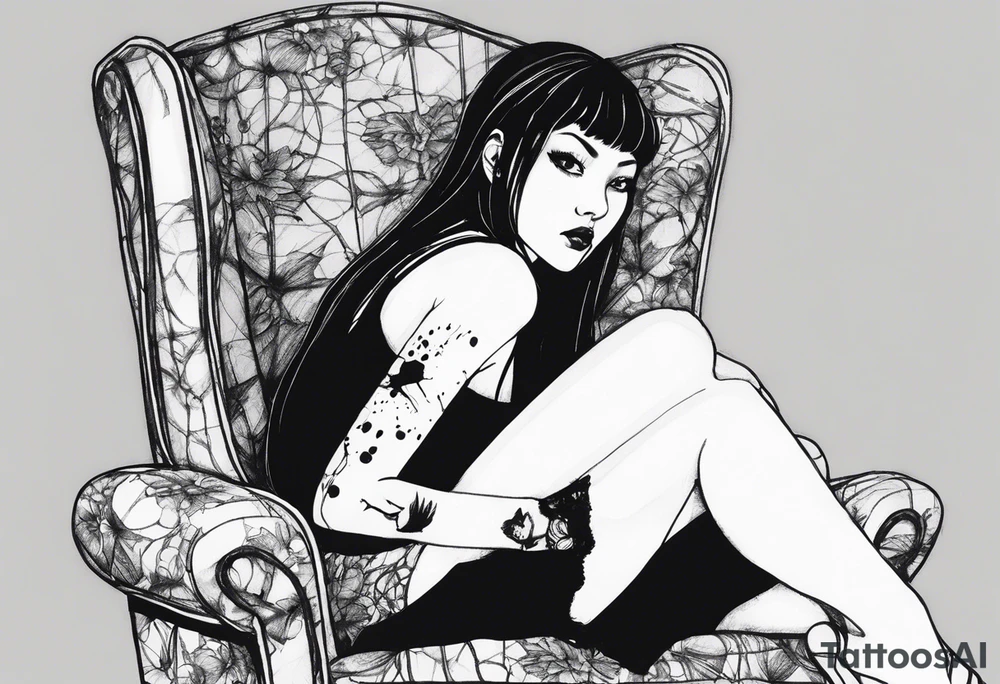 Portrait of tomie sitting on a chair. Tomie is a character of the autor junji ito
 Add some blood marks around. More blood splating around her tattoo idea