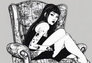 Portrait of tomie sitting on a chair. Tomie is a character of the autor junji ito
 Add some blood marks around. More blood splating around her tattoo idea