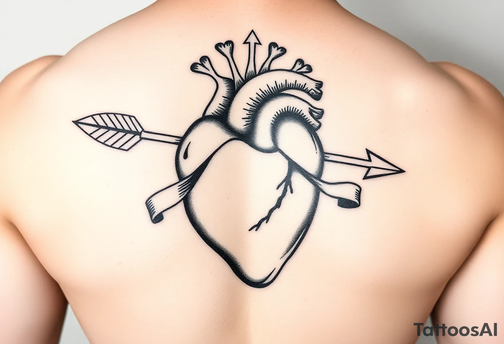 anatomical heart pierced by ornate arrow with flowing ribbons tattoo idea