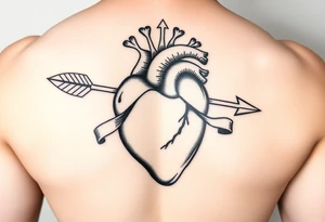 anatomical heart pierced by ornate arrow with flowing ribbons tattoo idea