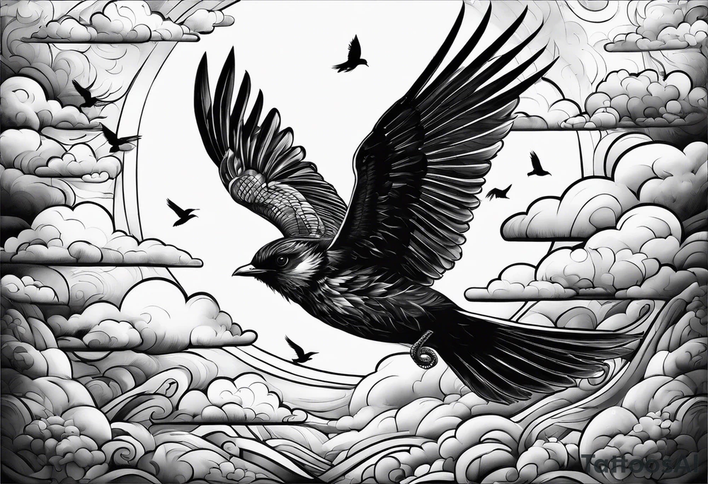 stars, clouds, birds,stairway tattoo idea