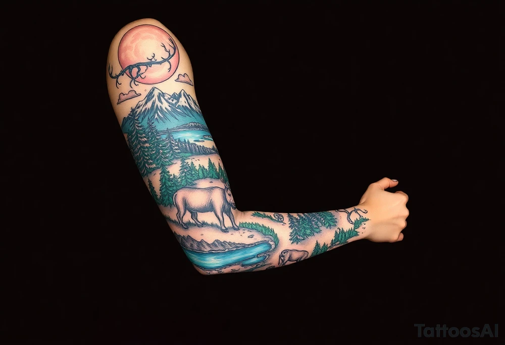 A full-sleeve with the Härjedalen landscape, reindeer, bear, lakes, mountains (Helags), tattoo idea