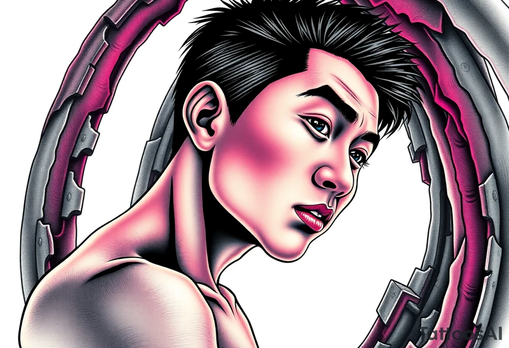 Handsome Asian young guy lost in a nightmarish labyrinth tattoo idea