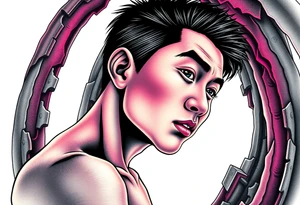 Handsome Asian young guy lost in a nightmarish labyrinth tattoo idea