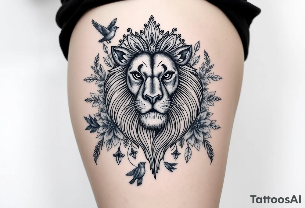 powerful majestic lion with a crown, surrounded by floral ornaments and birds tattoo idea