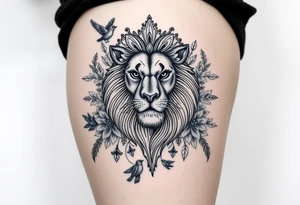 powerful majestic lion with a crown, surrounded by floral ornaments and birds tattoo idea