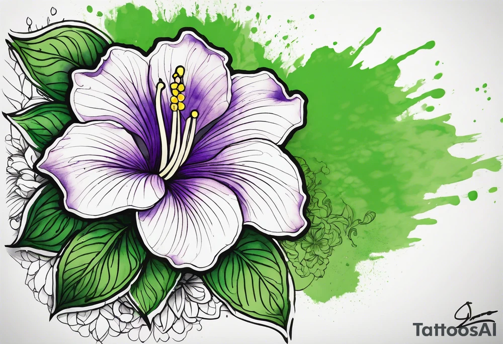 An outline of a rio dipladenia flower with a mystical green/purple watercolor splash in the background tattoo idea