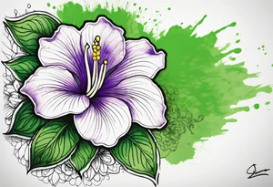 An outline of a rio dipladenia flower with a mystical green/purple watercolor splash in the background tattoo idea