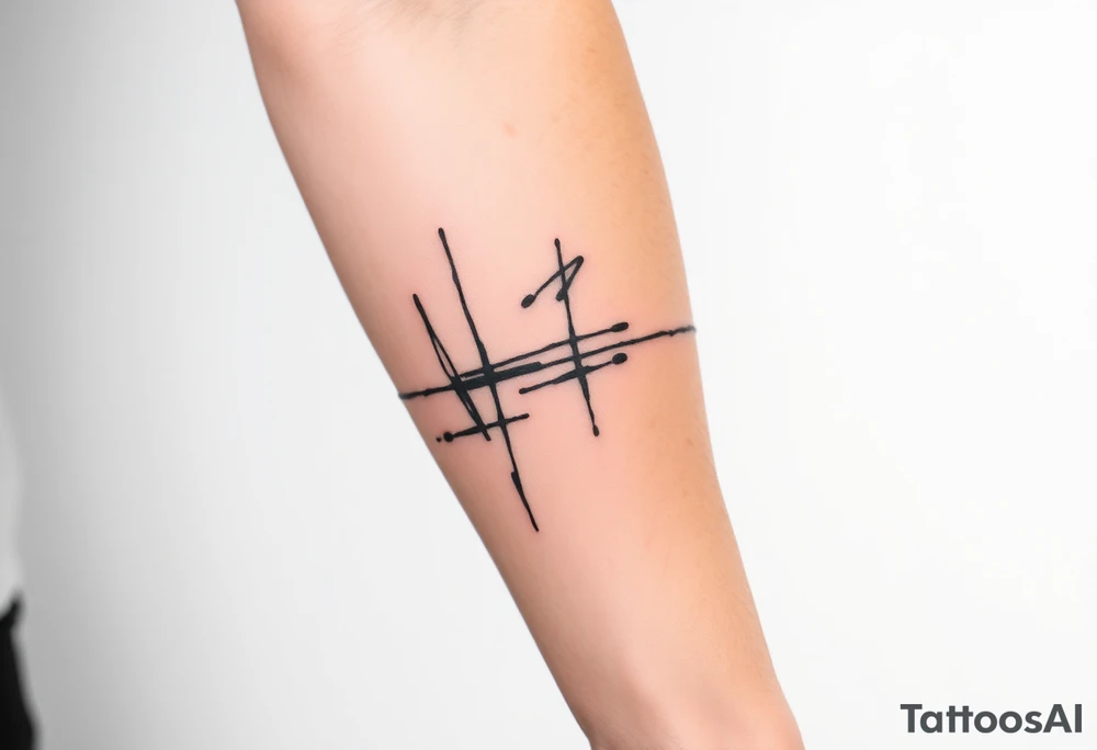 Abstract black line tattoo for a male.
Irregular, broken, sketch-like lines with sharp direction changes.
Non-elegant, non-minimal, non-feminine.
Raw hand-drawn tattoo stencil style.
Black ink only, no shading, no smooth curves.
Inner forearm wrapping around the elbow. tattoo idea