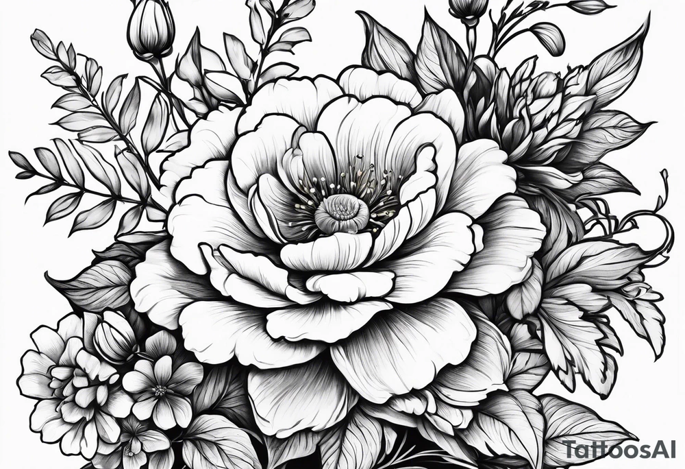 Birth flower bouquet for july april and october fine line tattoo idea