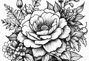 Birth flower bouquet for july april and october fine line tattoo idea