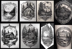 I want a sleeve tattoo that has a cabin in a firepit in it on the forarm and then tansistions to a USA flag towards the top. It needs to be darker towards the top tattoo idea