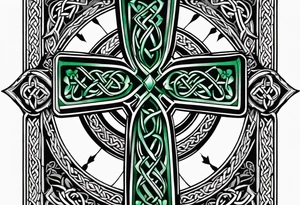 Celtic cross, shamrock in center of cross, one Indian feather hanging from each side arm of cross tattoo idea