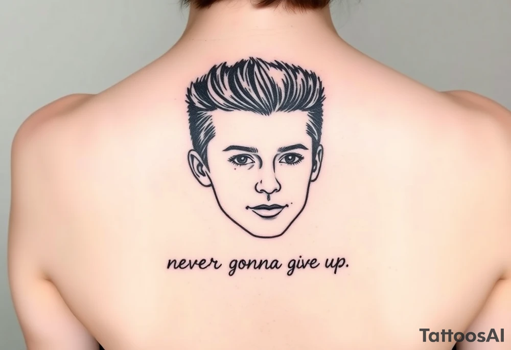 Young Rick Astley Face with Never Gonna Give You Up text tattoo idea