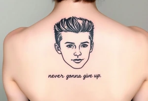Young Rick Astley Face with Never Gonna Give You Up text tattoo idea