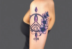 peace symbol, dog prints, Pisces symbol, intertwined with violets, amethyst, initials csb in cursive font tattoo idea