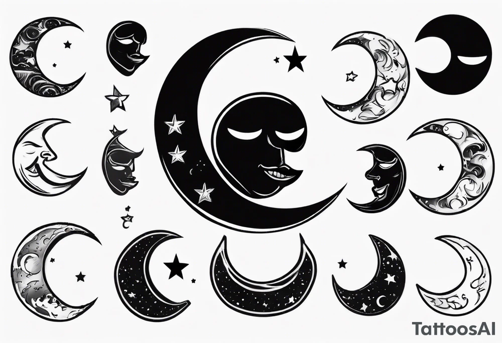 crescent moon with cartoon face for men tattoo idea