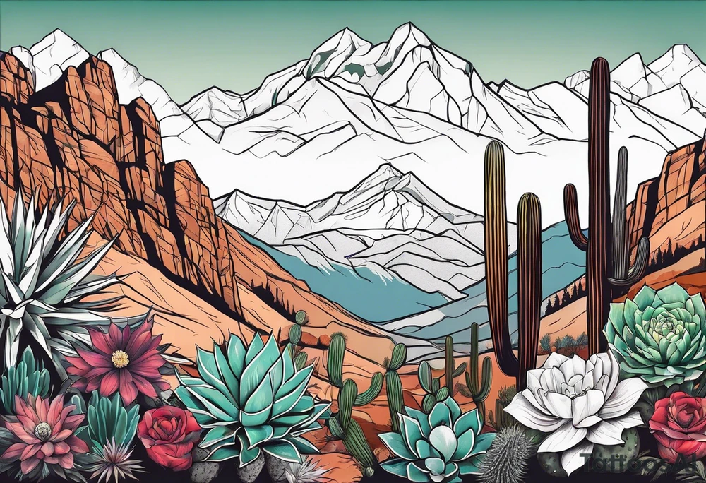 Mountains,  cactus,  forearm tattoo idea