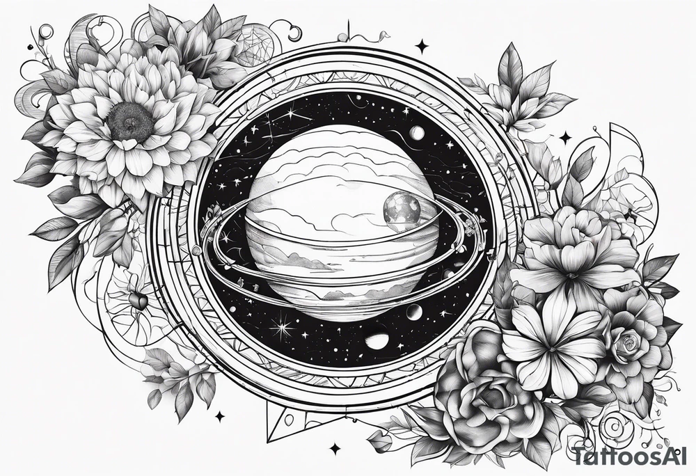 Solar system with geometric shapes and flowers tattoo idea