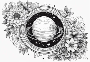 Solar system with geometric shapes and flowers tattoo idea