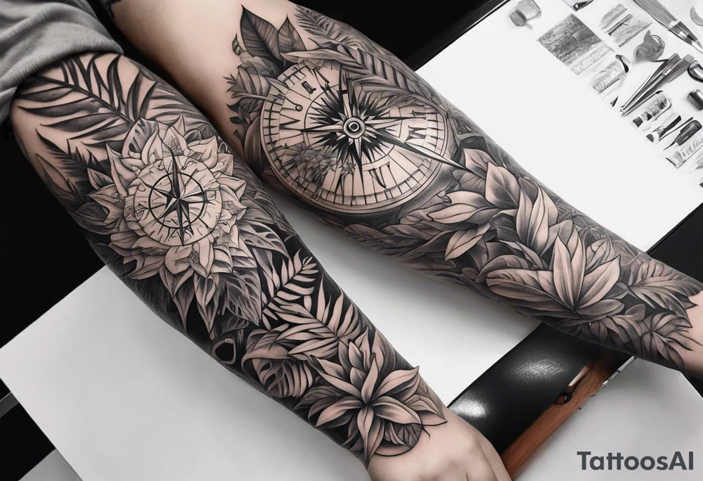 full arm sleeve tattoo with jungle plants, compass, eye tattoo idea