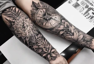 full arm sleeve tattoo with jungle plants, compass, eye tattoo idea