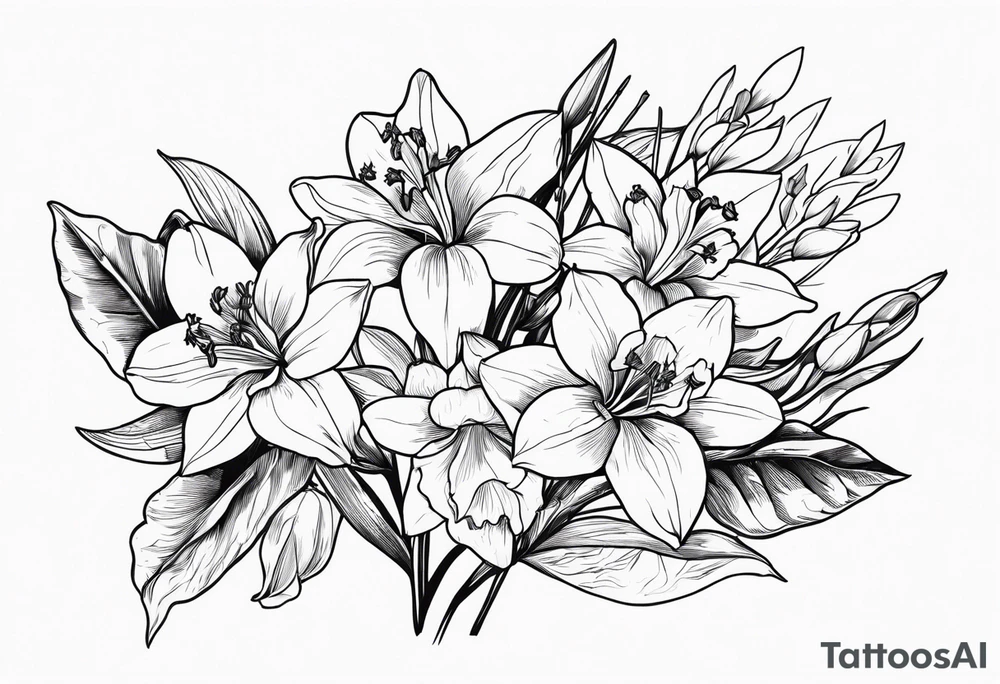 Violet and iris, Daffodil and jonquil, Lily and hawthorn, Holly and narcissus tattoo idea