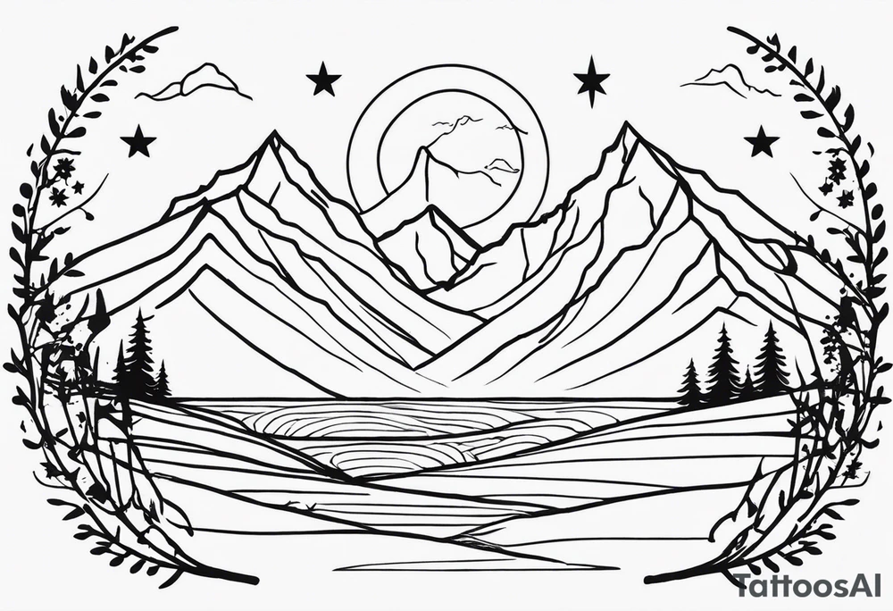 Three Peaks, Three Stars, Swords, and Vines: Create a minimalistic fine line tattoo for the right upper arm half sleeve. Feature three rugged mountain peaks, each topped with a simple star. Emphasize crossed swords, integrating with abstract, feather-like patterns that evoke the Valkyrie spirit. Weave in subtle thorny vines from 'A Court of Thorns and Roses' (ACOTAR), blending naturally with the mountainous backdrop. Keep the design in clean, simple lines, emphasizing the serene and mystical qualities without text. tattoo idea