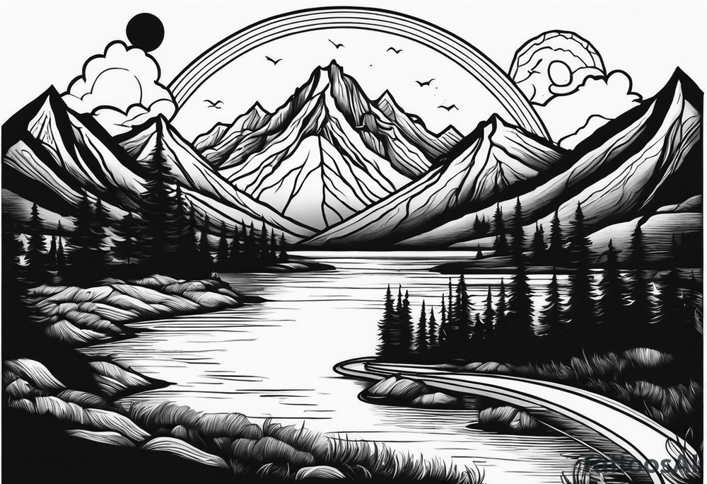 mountains, lake, yurt, sun, road tattoo idea