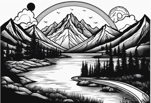 mountains, lake, yurt, sun, road tattoo idea