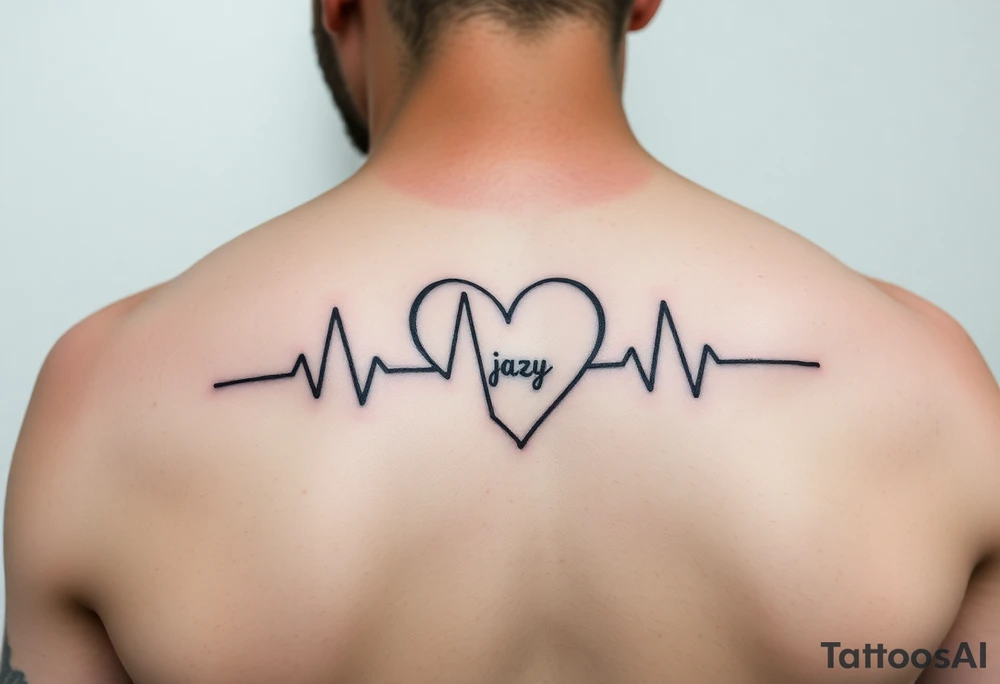 upper arm tattoo -faded heart beat outline for a deceased best friend with the name Jazy incorporated tattoo idea